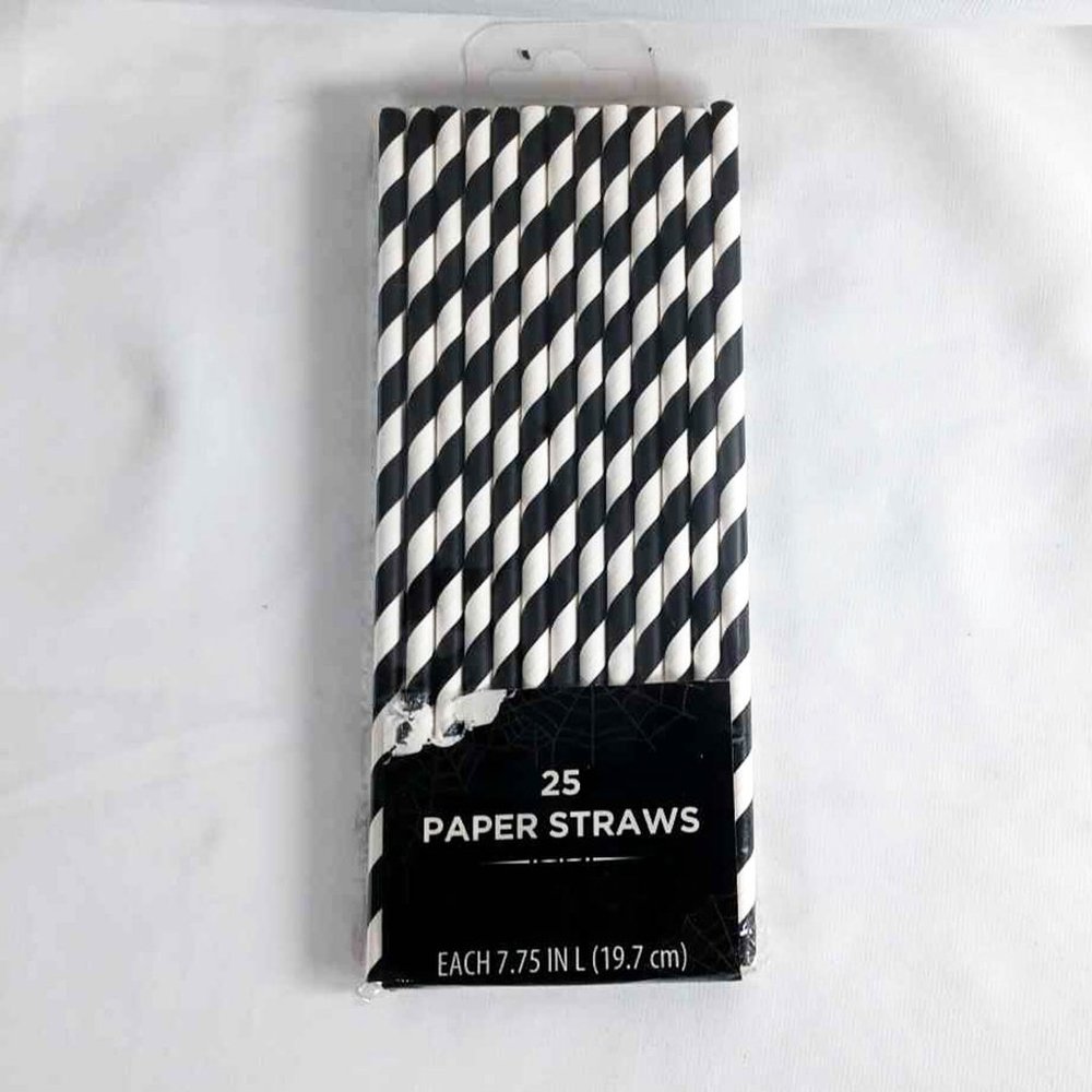 Black and White Striped Paper Straws 25 CT Gothic Party Décor NEW